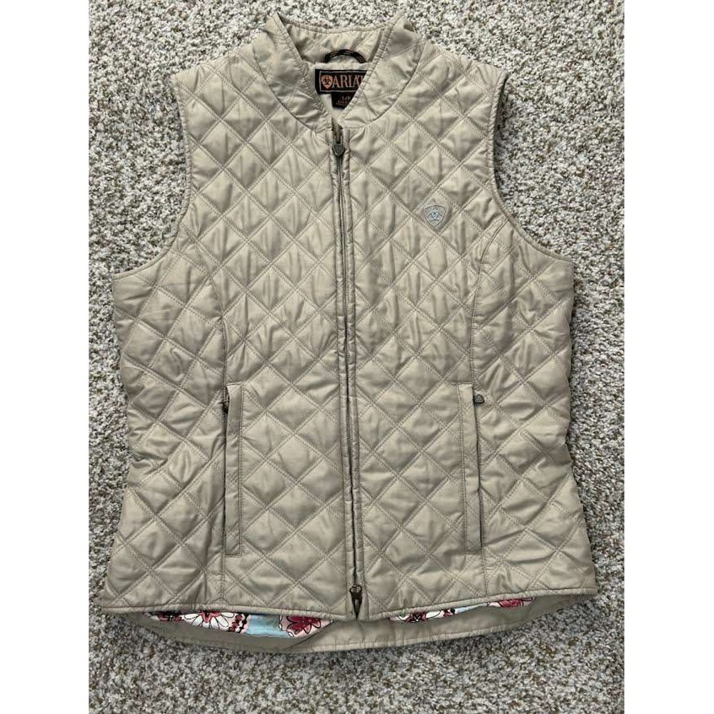 Ariat Womens Quilted Vest Tan Khaki Floral Paisley Lining Full Zip Small S/P
